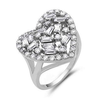 Sterling Silver Ring Clear Cubic Zirconia Open Heart with Baguette Cubic Zirconia inside