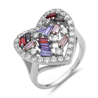 Sterling Silver Ring Clear Cubic Zirconia Open Heart with Baguette Mc Cubic Zirconia