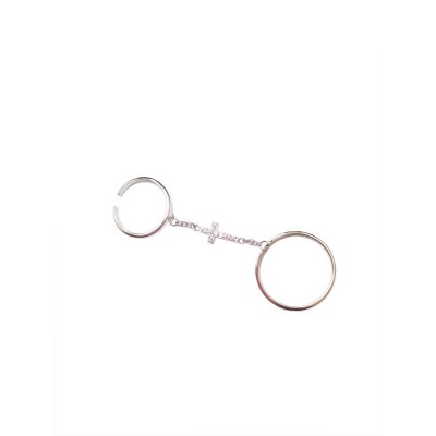 Sterling Silver Ring Two Rings Linked by Chain with Clear Cubic Zirconia Cross