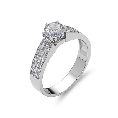 Sterling Silver Ring 5mm Solitare on 6-Prongs with Pave Clear Cubic Zirconia Side