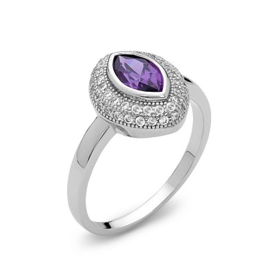 STERLING SILVER RING MARQUISE AMETHYST CUBIC ZIRCONIA  WITH CLEAR CUBIC ZIRCONIA PAVE ARD