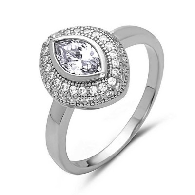 STERLING SILVER RING MARQUISE CLEAR CUBIC ZIRCONIA W/ CL CUBIC ZIRCONIA PAVE AROUND