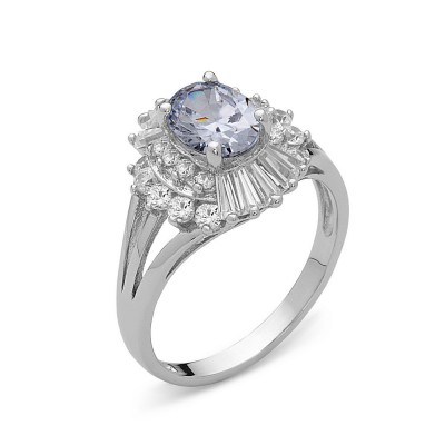 Sterling Silver Ring Oval Clear Cubic Zirconia with Baguette & Round Clear Cubic Zirconia Aroun