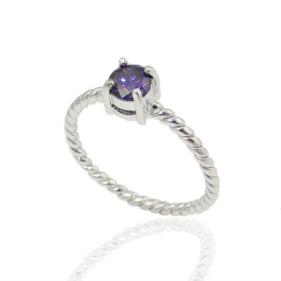 Sterling Silver Ring 5mm Round Amethyst Cubic Zirconia with Rope Band
