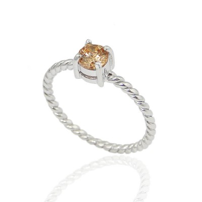 Sterling Silver Ring 5mm Round Champagne Cubic Zirconia with Rope Band