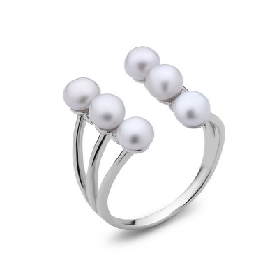 Sterling Silver (6) 4mm Potato Fresh Water Pearl with Clear Cubic Zirconia Btwn Open Ring