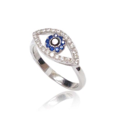 Sterling Silver Ring Blue, Black & Clear Cubic Zirconia Open Evil Eye