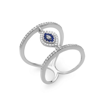 Sterling Silver Ring Blue & Clear Cubic Zirconia Evil Eye Open Double Ring