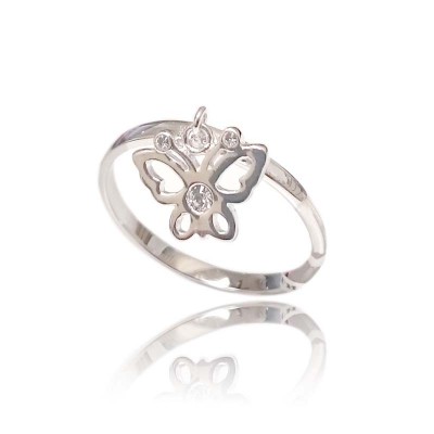 Sterling Silver Ring Plain Band with Dangling Butterfly with Clear Cubic Zirconia