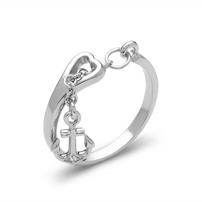 Sterling Silver Ring Dangling Anchor with Clear Cubic Zirconia, Chain Go Thru Ban