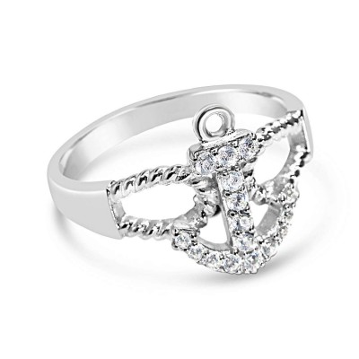 Sterling Silver Ring Clear Cubic Zirconia Anchor With Rope Loop At Side