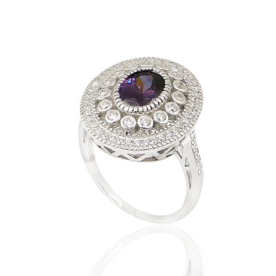 Sterling Silver Ring 10X8mm Amethyst Cubic Zirconia Oval with Sm Rd Clear Cubic Zirconia & Pave Ard