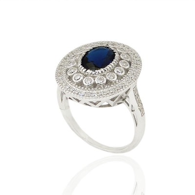 Sterling Silver Ring 10X8mm Sapphire Gl Oval with Clear Cubic Zirconia Detail Ard