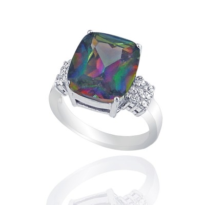 Sterling Silver Ring 14X11mm Cushion Mystic Topaz Cubic Zirconia