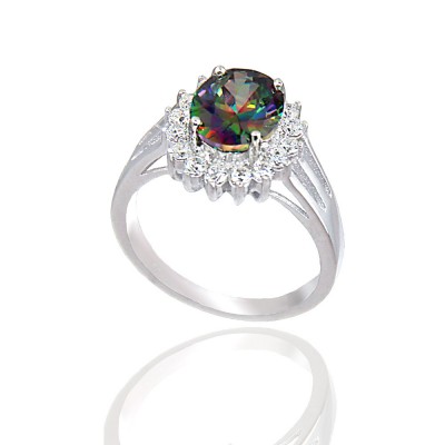 Sterling Silver Ring Oval Mystic Topaz Cubic Zirconia with Small Clear Cubic Zirconia