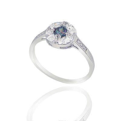 Sterling Silver Ring Mystic Topaz Cubic Zirconia with Round Clear Cubic Zirconia Center