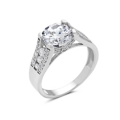 Sterling Silver Ring Solitare Clear Cubic Zirconia Round With Clear Cubic Zirconia Side