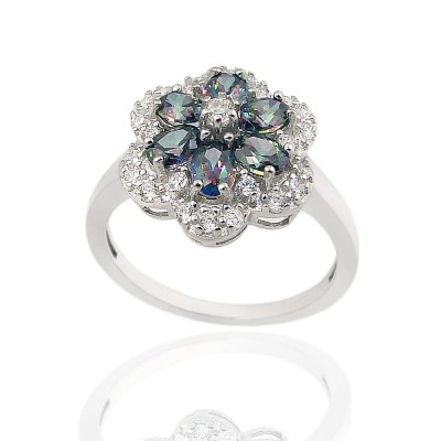 Sterling Silver Ring Mystic Topaz Cubic Zirconia Flower with Clear Cubic Zirconia Outline