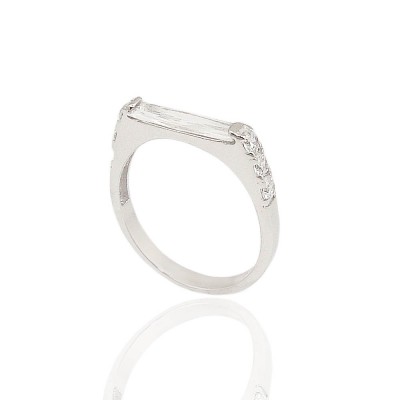 Sterling Silver Ring 11X3mm Clear Baguette Cubic Zirconia with Round Cubic Zirconia Side