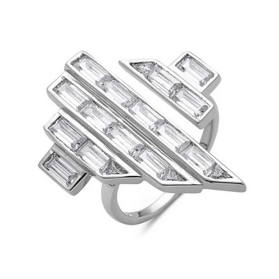 Sterling Silver Irregular Shape Baguette Clear Cubic Zirconia Open Ring