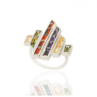 Sterling Silver Irregular Shape Baguette Champagne+Olivine+Garnet +Ame+Champagne+Olivine