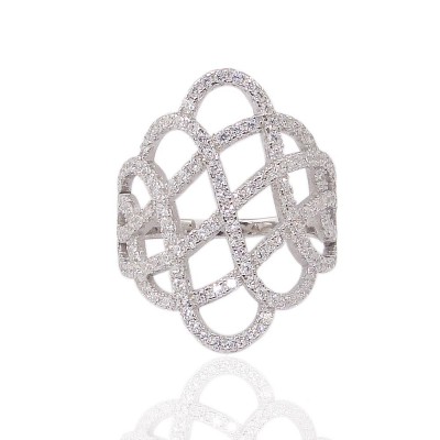 Sterling Silver Ring Clear Cubic Zirconia Lines Formed Open Rhombus