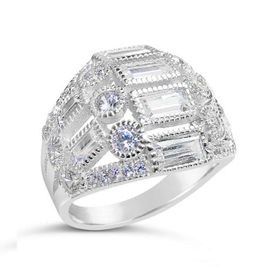 Sterling Silver Ring Clear Round & Baguette Cubic Zirconia Slightly Dome