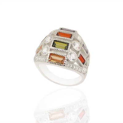 Sterling Silver Ring Clear Round & Amethyst+Champagne+Garnet +Olivine Baguette Cubic Zirconia