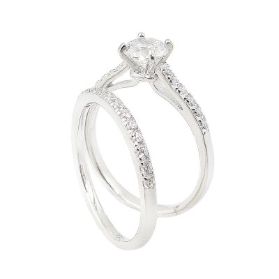 STERLING SILVER RING (2PCS SET) 6MM CLEAR CUBIC ZIRCONIA SOLITARE WITH BAND