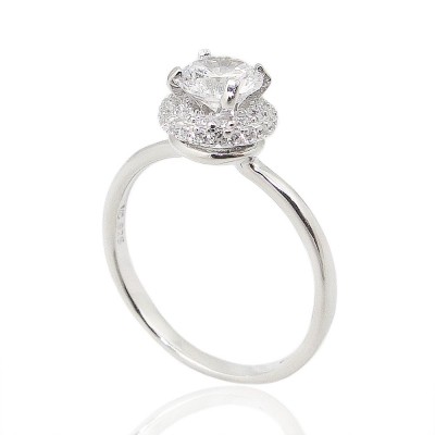 STERLING SILVER RING 5MM CLEAR CUBIC ZIRCONIA WITH SMALL CUBIC ZIRCONIA AROUND