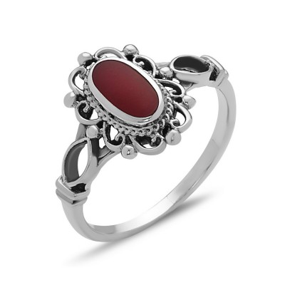 STERLING SILVER RING OVAL RECONSTRUCTED RED CORAL WITH FILIGREE *OXIDIZED