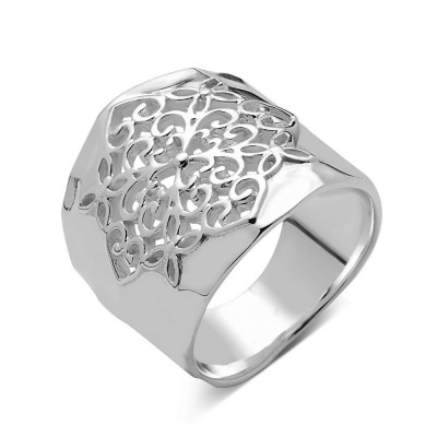 STERLING SILVER RING FLOWER FILIGREE WITH HAMMERED CIGAR BAND