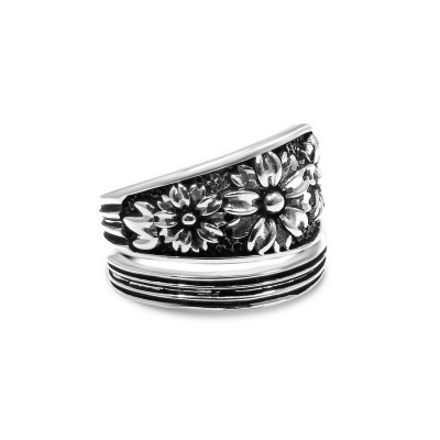 Sterling Silver Ring Flower Patterned Sppon Ring Oxidized/Rhodi