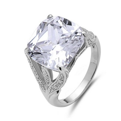 STERLING SILVER RING 14X14MM CUSHION CLEAR CUBIC ZIRCONIA WITH LEAVES SIDE