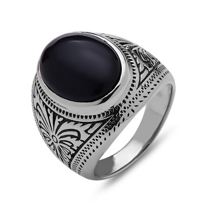STERLING SILVER RING 16X17MM ONYX WITH OXIDIZED FLIGREE SIDES
