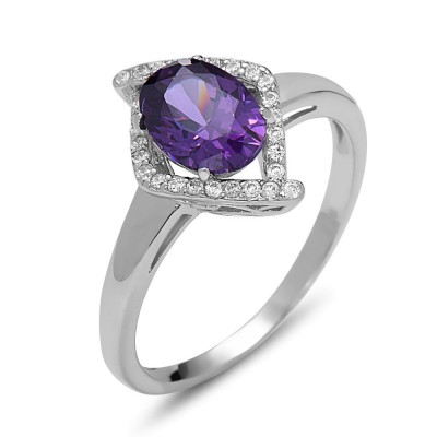 STERLING SILVER RING RHOMBUS OVAL AMETHYST CUBIC ZIRCONIA AROUND