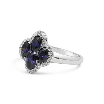 STERLING SILVER RING 4 OVAL AMETHYST CUBIC ZIRCONIA AROUND