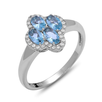 STERLING SILVER RING 4 OVAL AQUA BLUE GLASS CUBIC ZIRCONIA AROUND