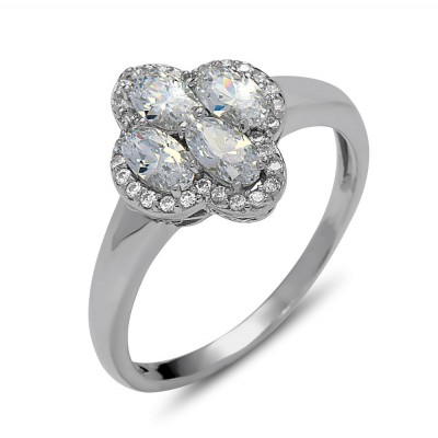 STERLING SILVER RING 4 OVAL CLEAR CUBIC ZIRCONIA +CZ AROUND