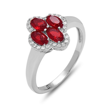 STERLING SILVER RING 4 OVAL RUBY GLASS+ CUBIC ZIRCONIA AROUND