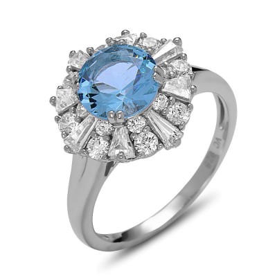 STERLING SILVER RING FLOWER BAGUETTE CUBIC ZIRCONIA CENTER AQUA BLUE GLASS