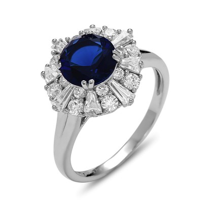 STERLING SILVER RING FLOWER BAGUETTE CUBIC ZIRCONIA CENTER SAPPHIRE GLASS