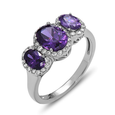 STERLING SILVER RING TRI STONE AMETHYST CUBIC ZIRCONIA +CLEAR CUBIC ZIRCONIA