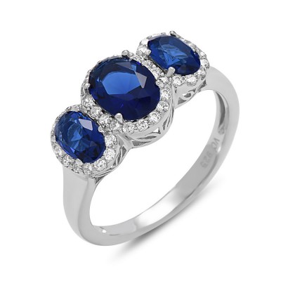 STERLING SILVER RING TRI STONE SAPPHIRE GLASS +CLEAR CUBIC ZIRCONIA
