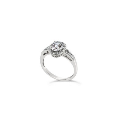 STERLING SILVER RING OVAL CUBIC ZIRCONIA SMALL CUBIC ZIRCONIA AROUND DOUBLE LINE SHANK