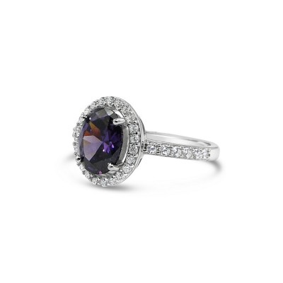 STERLING SILVER RING OVAL AMETHYST CUBIC ZIRCONIA +CUBIC ZIRCONIA AROUND