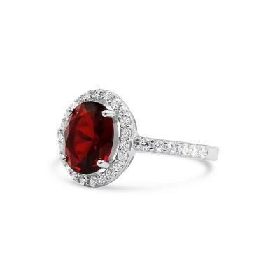 STERLING SILVER RING OVAL RUBY GLASS+CUBIC ZIRCONIA AROUND SIDE SHANK CUBIC ZIRCONIA