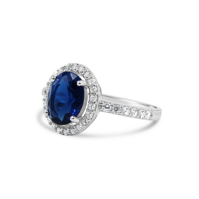 STERLING SILVER RING OVAL SAPPHIRE GLASS+CUBIC ZIRCONIA AROUND
