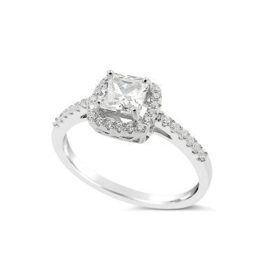 STERLING SILVER RING CUSHION CLEAR CUBIC ZIRCONIA+CUBIC ZIRCONIA AROUND