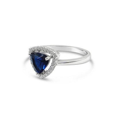 STERLING SILVER RING TRIANGLE SAPPHIRE GLASS+CUBIC ZIRCONIA AROUND